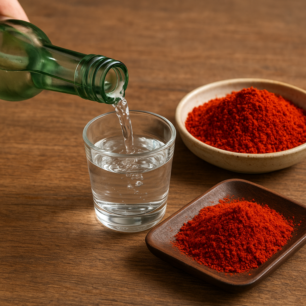소주에 고춧가루를 탄 잔을 마신 뒤 얼굴이 화끈거리지만 실제로는 체열이 빠져나가 오한이 심해질 수 있음을 보여주는 이미지
