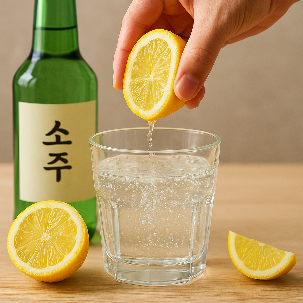 소토닉과 레몬소주 두 잔을 나란히 놓고 토닉워터와 레몬즙 재료 차이를 비교하는 모습