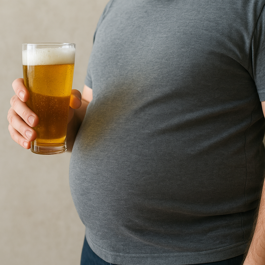 시원한 맥주 한 캔과 밥 한 공기를 나란히 비교하며 칼로리보다 알코올 대사 방식이 뱃살의 원인임을 보여주는 이미지