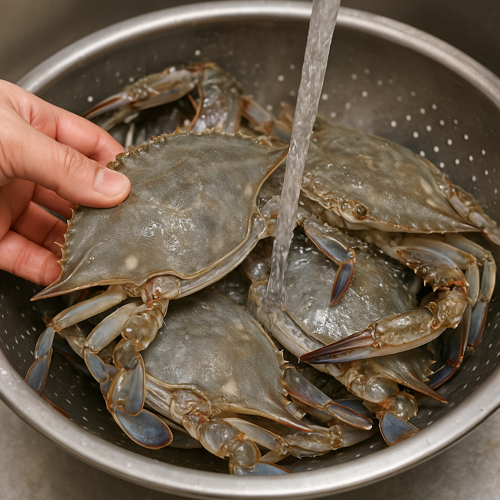 손질된 냉동 꽃게와 알이 꽉 찬 활 암꽃게를 나란히 놓고 비교하는 꽃게탕 재료 준비 모습