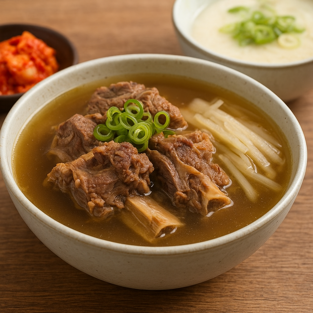 설렁탕의 뽀얀 사골 국물과 갈비탕의 맑은 국물을 나란히 비교한 모습, 재료와 조리법 차이가 국물 색으로 드러남