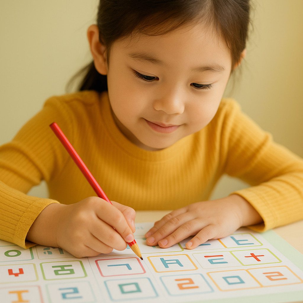 색색의 한글 학습지가 놓인 테이블 위에서 6세 아동이 재미있게 학습하는 모습.