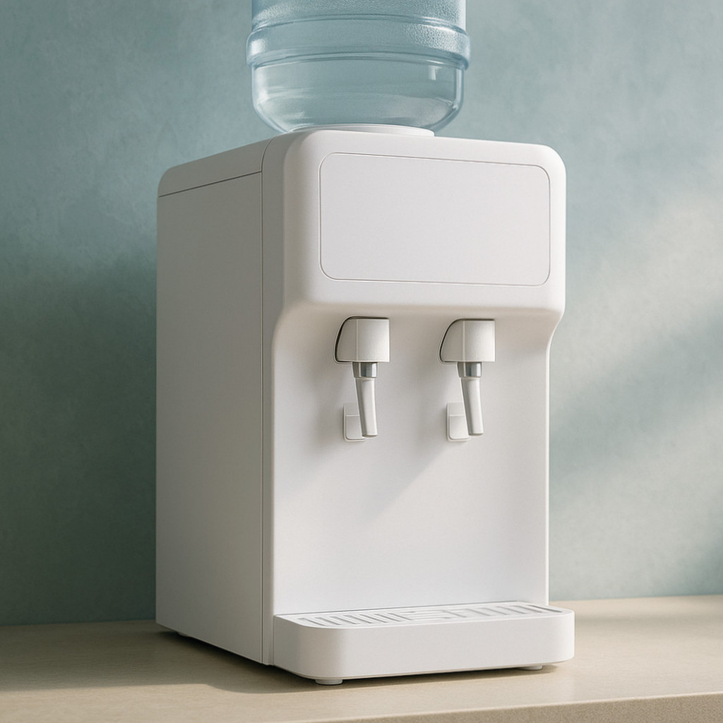 정수기의 종류인 'Water Dispenser'와 'Water Purifier'의 기능과 차이를 설명하는 이미지, 냉수와 온수를 제공하는 모습과 정수하는 과정을 담고 있음.