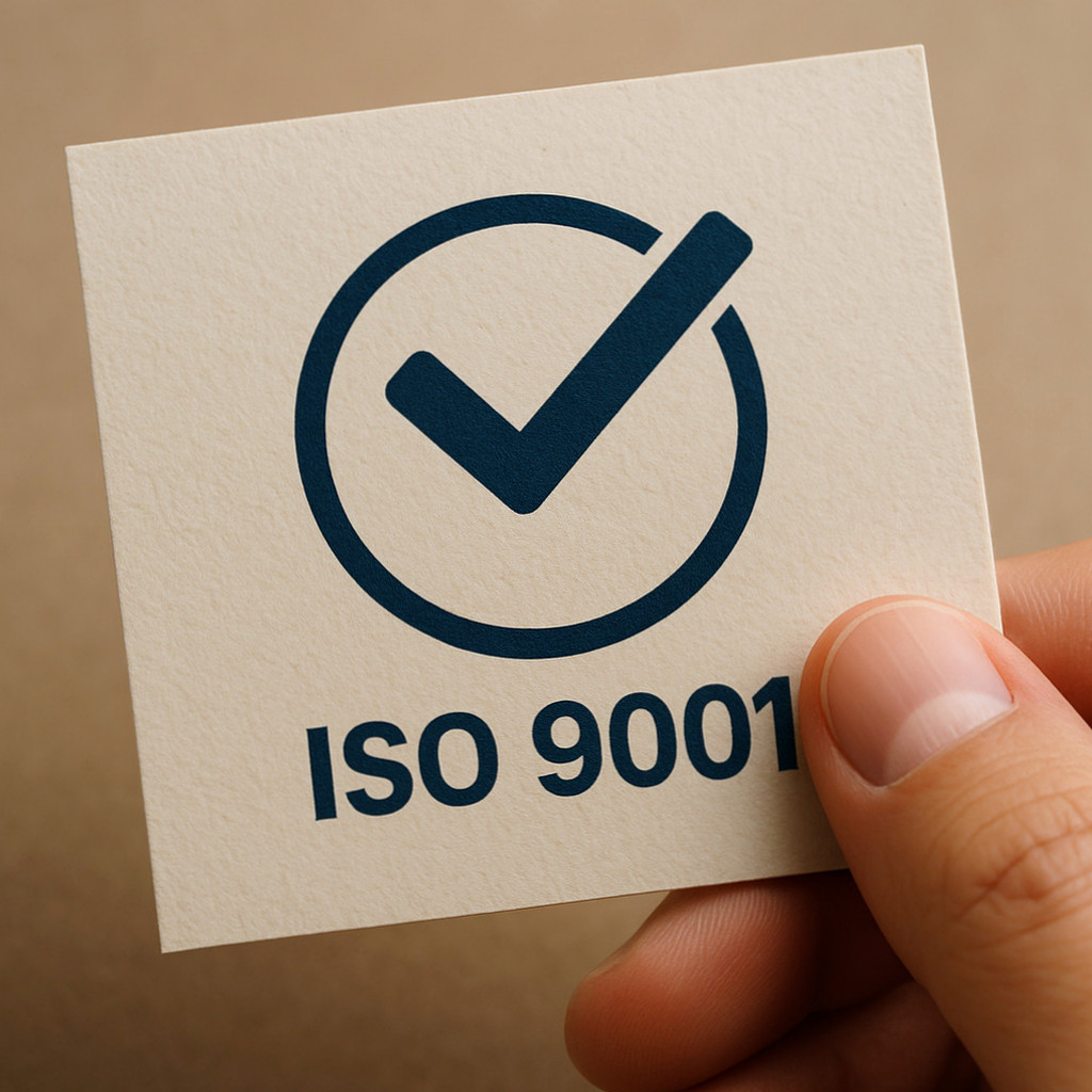 ISO 9001 인증을 설명하는 이미지로, 다양한 업종에서 품질 경영을 적용하는 기업들의 활동 모습을 담고 있다.