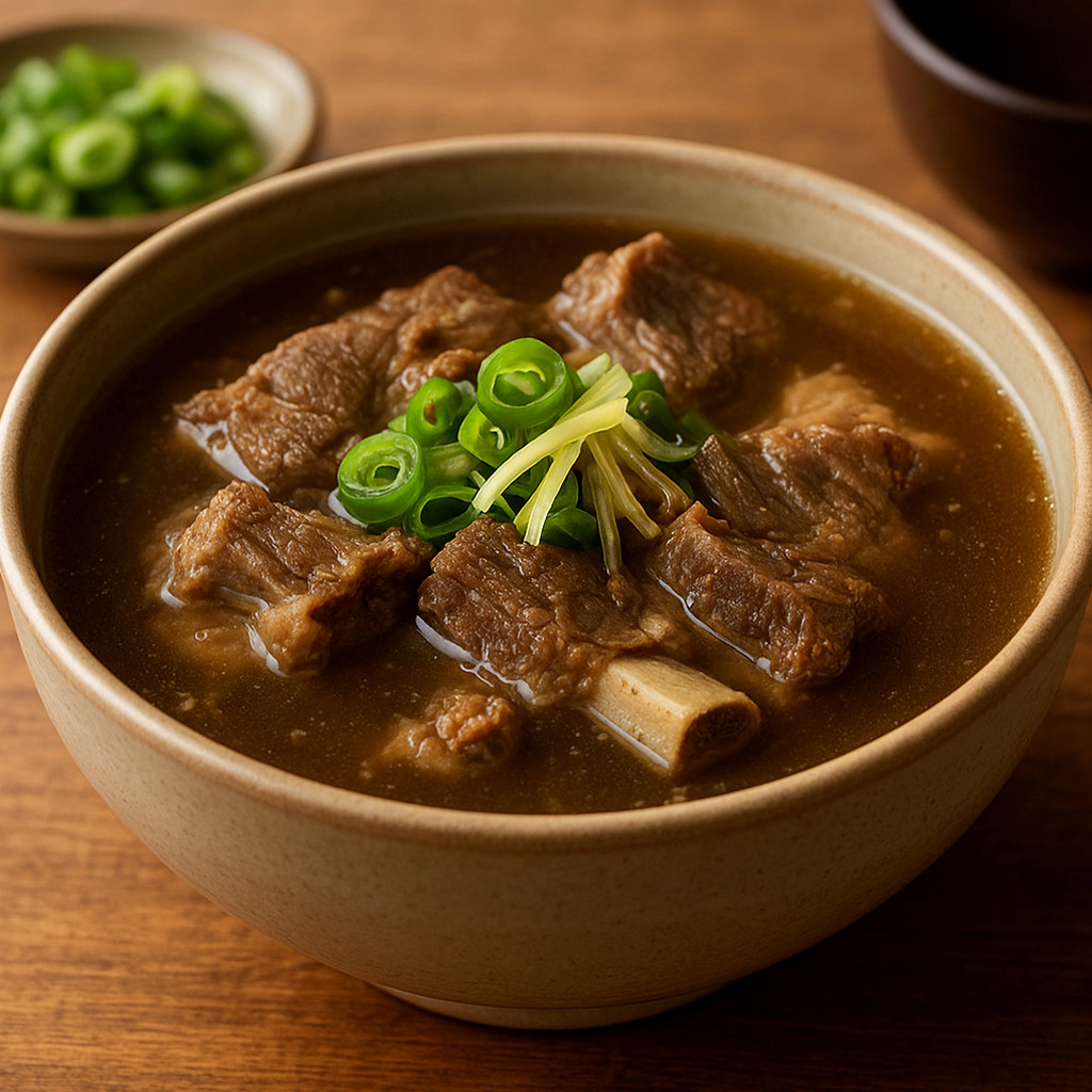 진한 갈비탕 국물이 끓고 있는 모습과 함께 풍성한 재료들이 준비되어 있는 주방 풍경입니다.