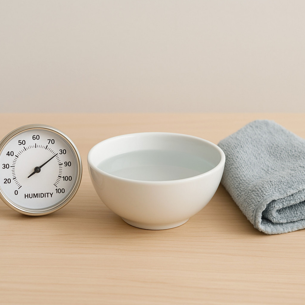 가습기 없을 때 넓은 물그릇과 깨끗하게 펼쳐 넌 젖은 수건으로 실내 습도를 보완하는 모습입니다.